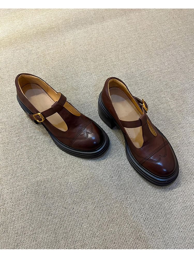Faux Platform Plain Shoes T-Strap Jane Leather Mary