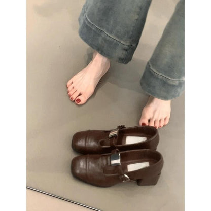 Chunky Heel Square Toe T-Strap Plain Faux Leather Mary Jane Pumps