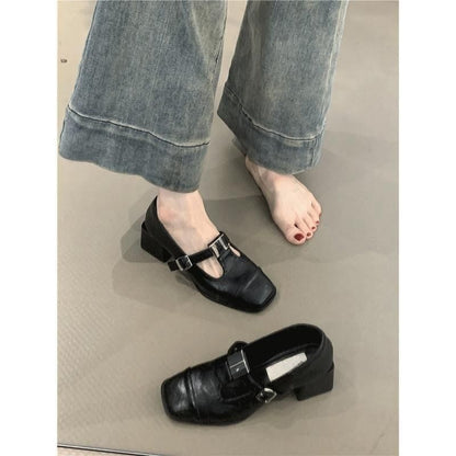 Chunky Heel Square Toe T-Strap Plain Faux Leather Mary Jane Pumps