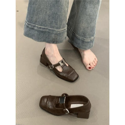 Chunky Heel Square Toe T-Strap Plain Faux Leather Mary Jane Pumps