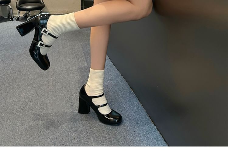 Chunky Heel Rhinestone Buckled Patent Leather Mary Jane Pumps