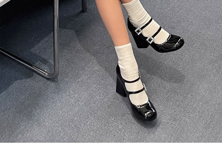 Chunky Heel Rhinestone Buckled Patent Leather Mary Jane Pumps