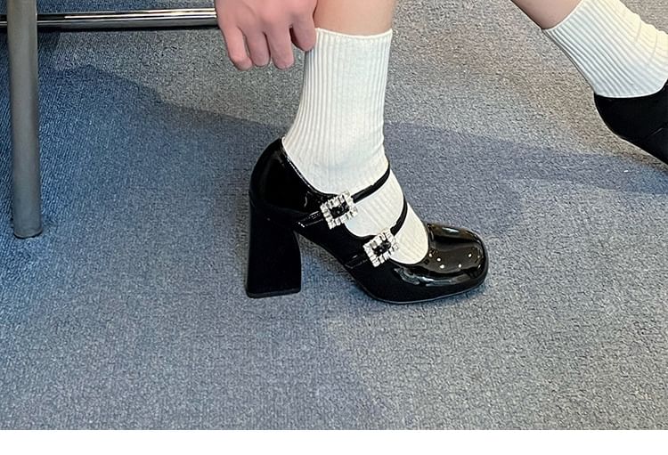 Chunky Heel Rhinestone Buckled Patent Leather Mary Jane Pumps