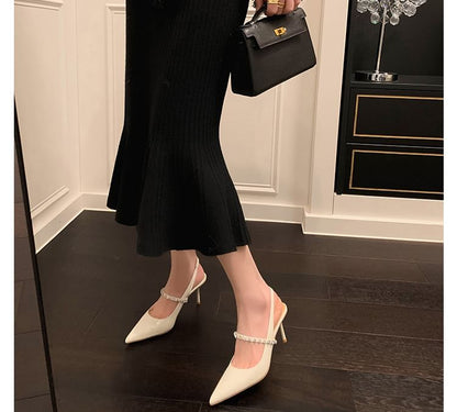 Stiletto Pointed Toe Rhinestone Accent Patent Leather Slingback Sandals