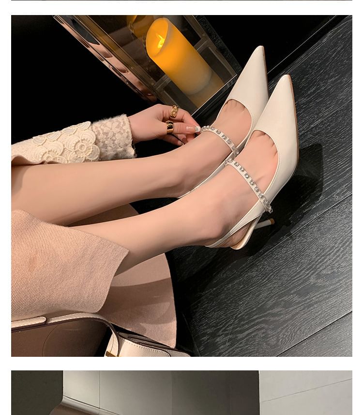 Stiletto Pointed Toe Rhinestone Accent Patent Leather Slingback Sandals