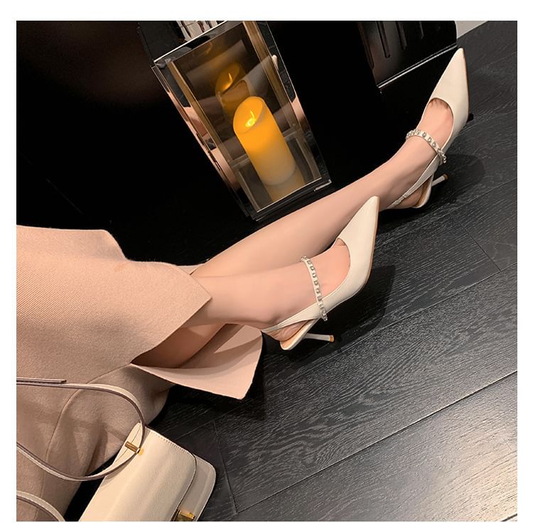 Stiletto Pointed Toe Rhinestone Accent Patent Leather Slingback Sandals