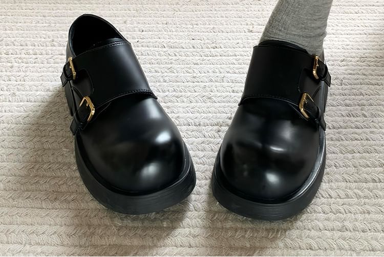 Platform Monk Strap Plain Faux Leather Shoes