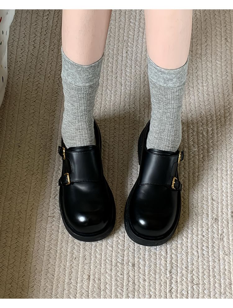 Platform Monk Strap Plain Faux Leather Shoes