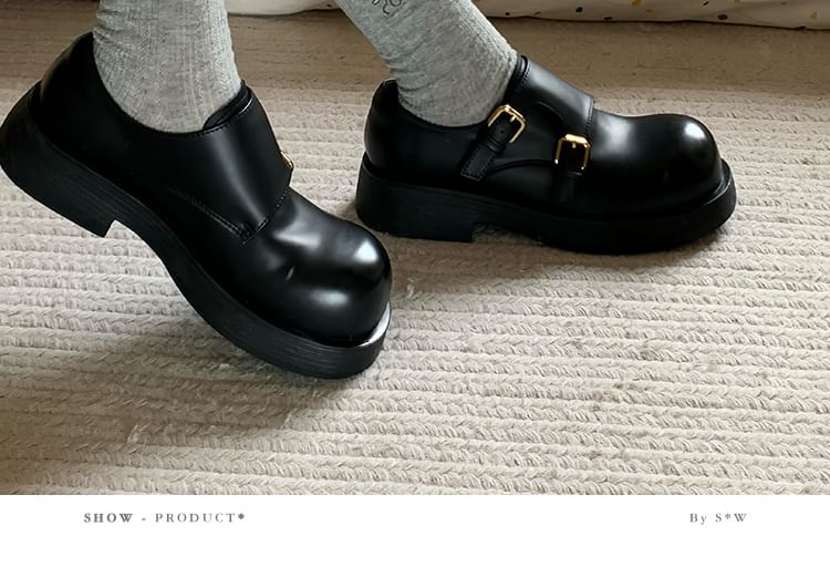 Platform Monk Strap Plain Faux Leather Shoes