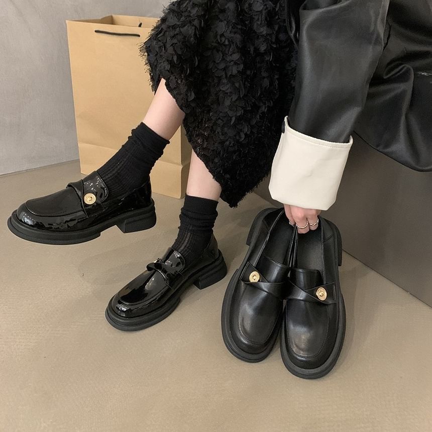 Platform Metal Accent Faux Leather Loafers