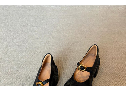 Chunky Heel Plain Buckled Faux Leather Mary Jane Shoes