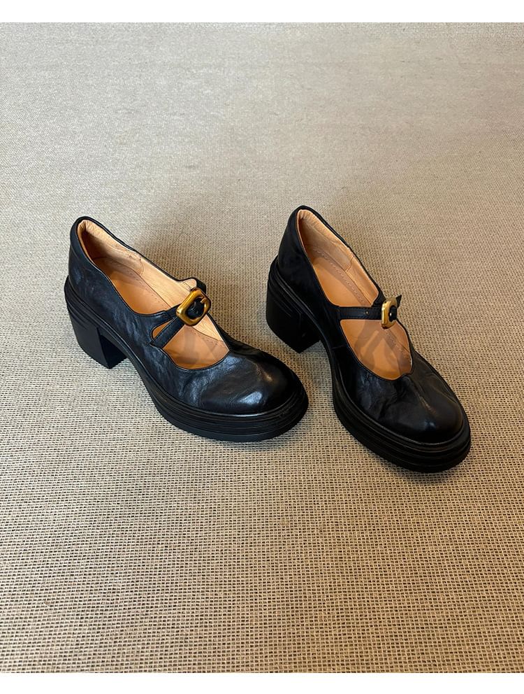 Chunky Heel Plain Buckled Faux Leather Mary Jane Shoes