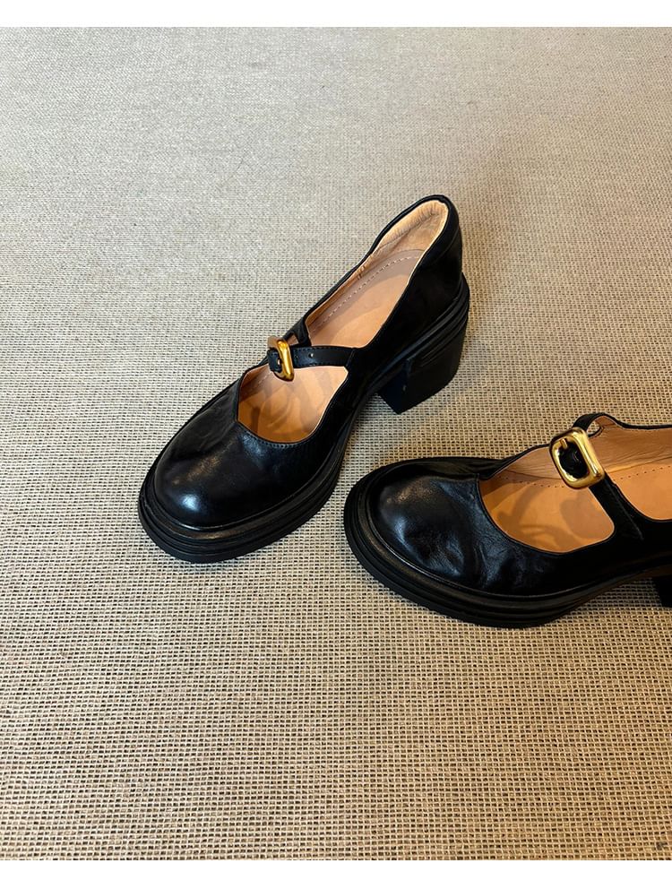 Chunky Heel Plain Buckled Faux Leather Mary Jane Shoes