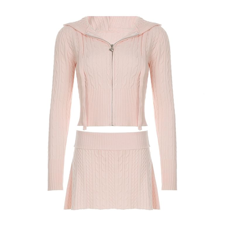 Cable-Knit Zip-Up Cardigan & Low Waist A-Line Skirt Set
