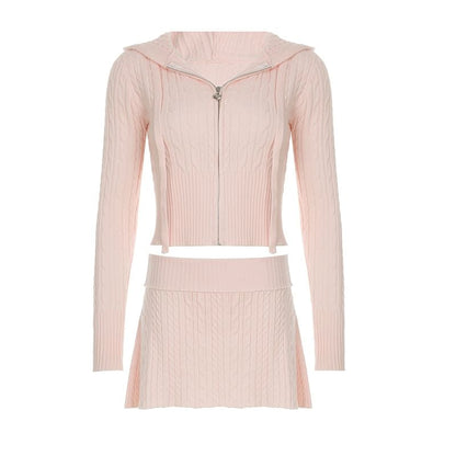 Cable-Knit Zip-Up Cardigan & Low Waist A-Line Skirt Set
