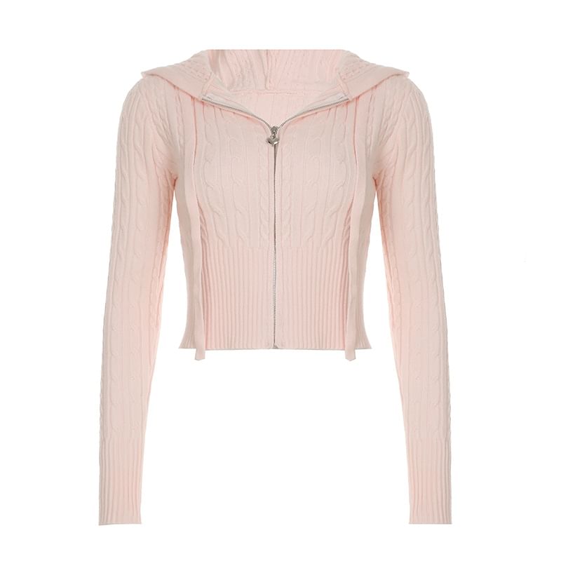 Cable-Knit Zip-Up Cardigan & Low Waist A-Line Skirt Set