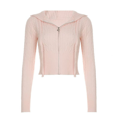 Cable-Knit Zip-Up Cardigan & Low Waist A-Line Skirt Set