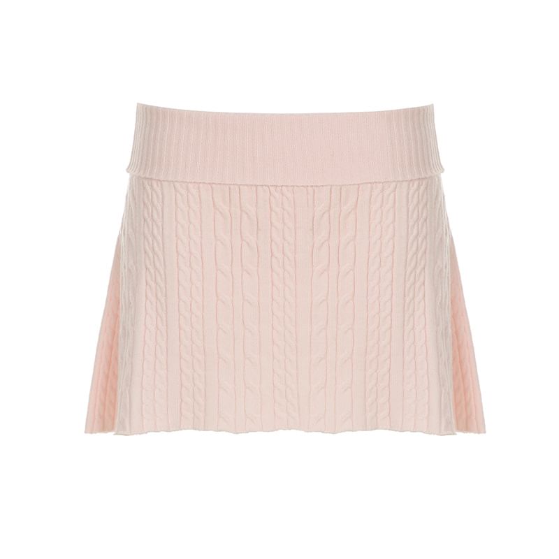 Cable-Knit Zip-Up Cardigan & Low Waist A-Line Skirt Set
