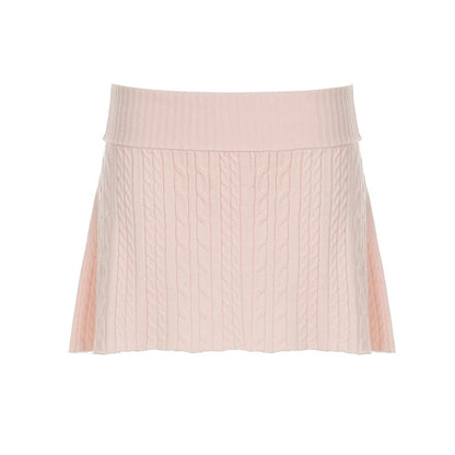 Cable-Knit Zip-Up Cardigan & Low Waist A-Line Skirt Set
