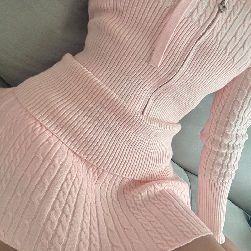 Cable-Knit Zip-Up Cardigan & Low Waist A-Line Skirt Set