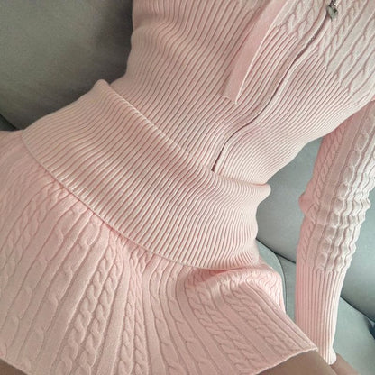 Cable-Knit Zip-Up Cardigan & Low Waist A-Line Skirt Set