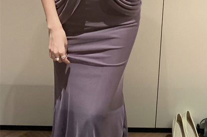Strapless Plain Shirred Mermaid Evening Gown