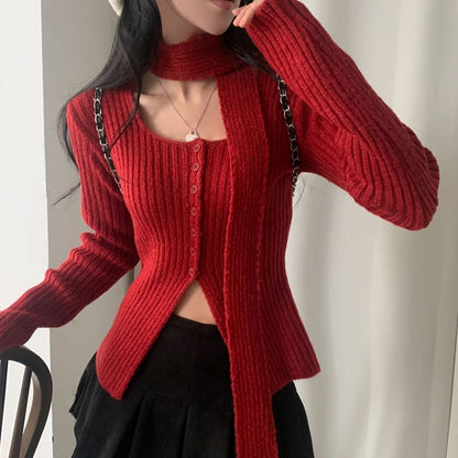 Square Neck Ribbed Knit Long Sleeve Cardigan with Scarf