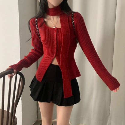 Square Neck Ribbed Knit Long Sleeve Cardigan with Scarf