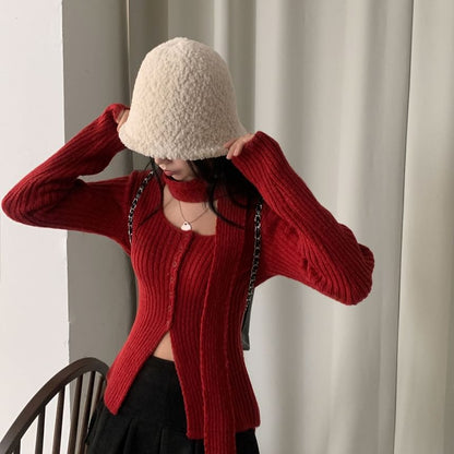 Square Neck Ribbed Knit Long Sleeve Cardigan with Scarf