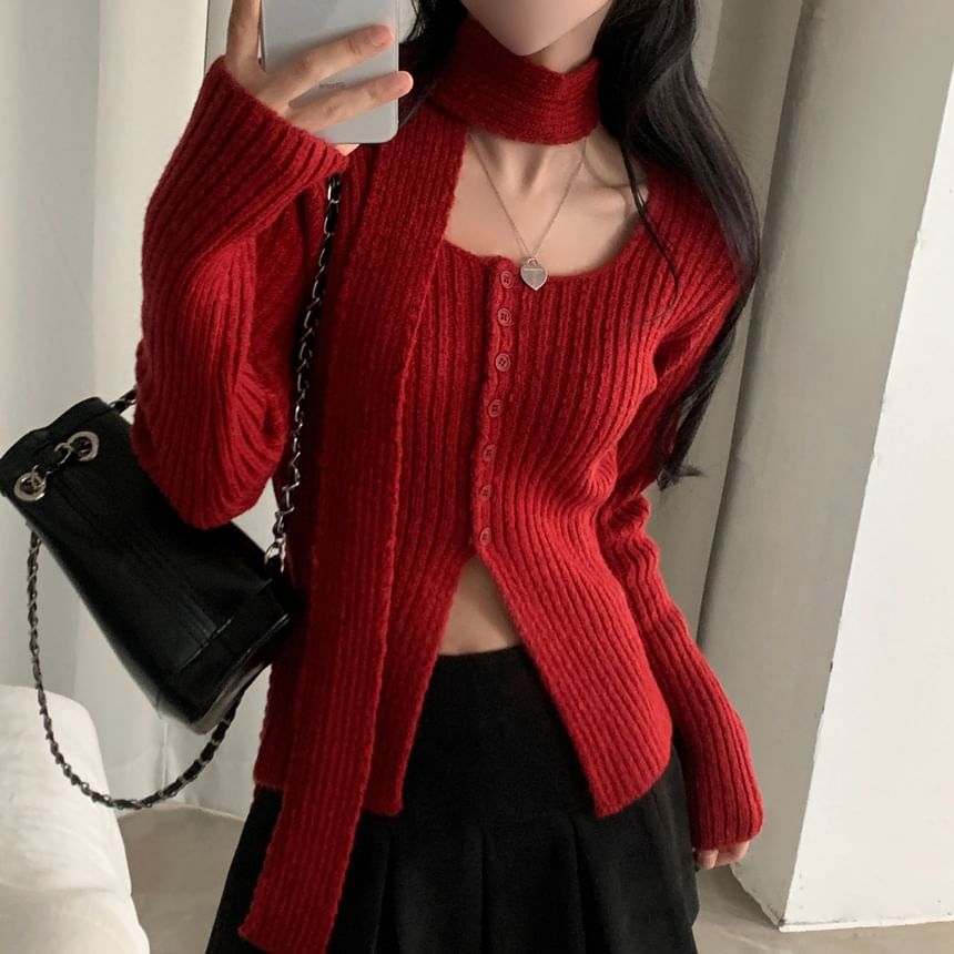 Square Neck Ribbed Knit Long Sleeve Cardigan with Scarf