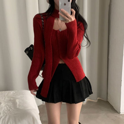Square Neck Ribbed Knit Long Sleeve Cardigan with Scarf