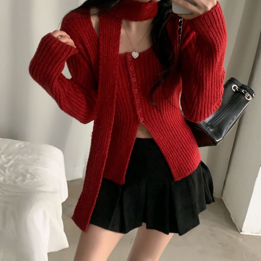 Square Neck Ribbed Knit Long Sleeve Cardigan with Scarf