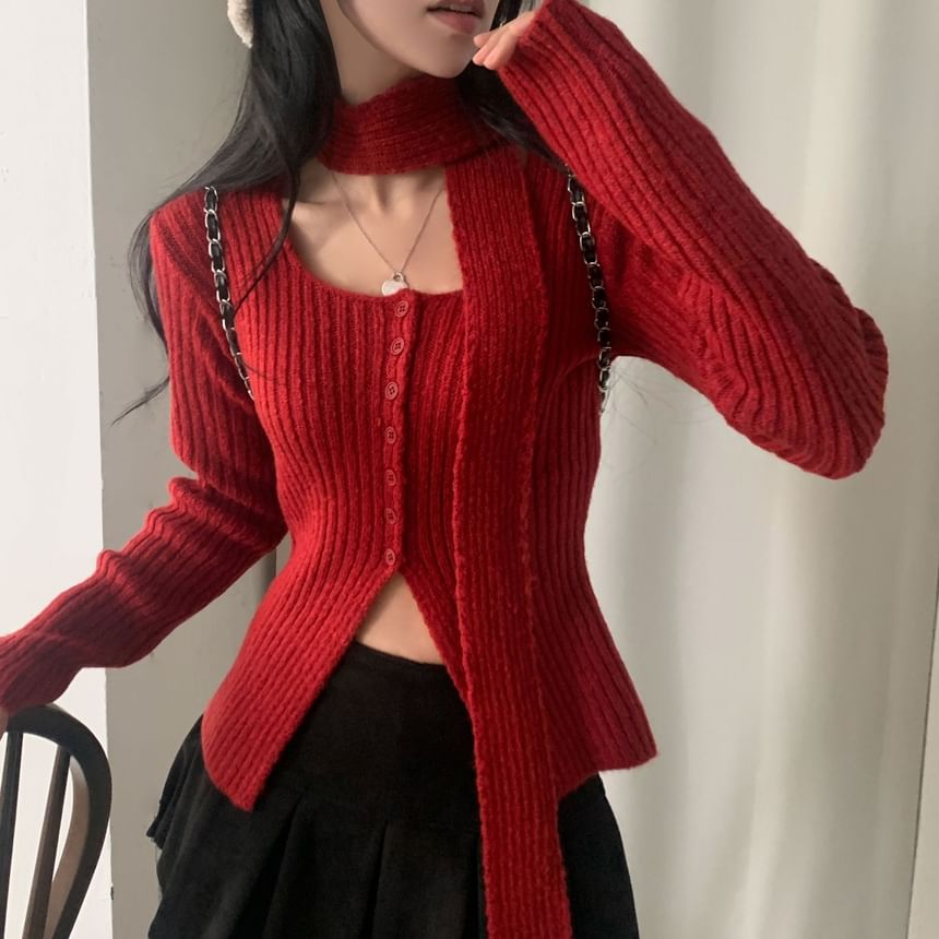Square Neck Ribbed Knit Long Sleeve Cardigan with Scarf