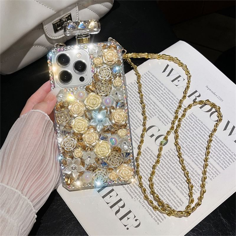 Rose Rhinestone Galaxy Lanyard Phone Case