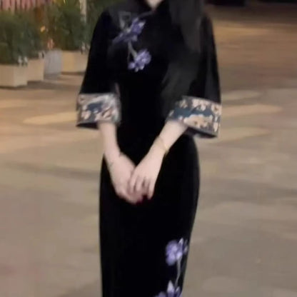 3/4 Sleeve Mandarin Collar Floral Embroidered Velvet Qipao