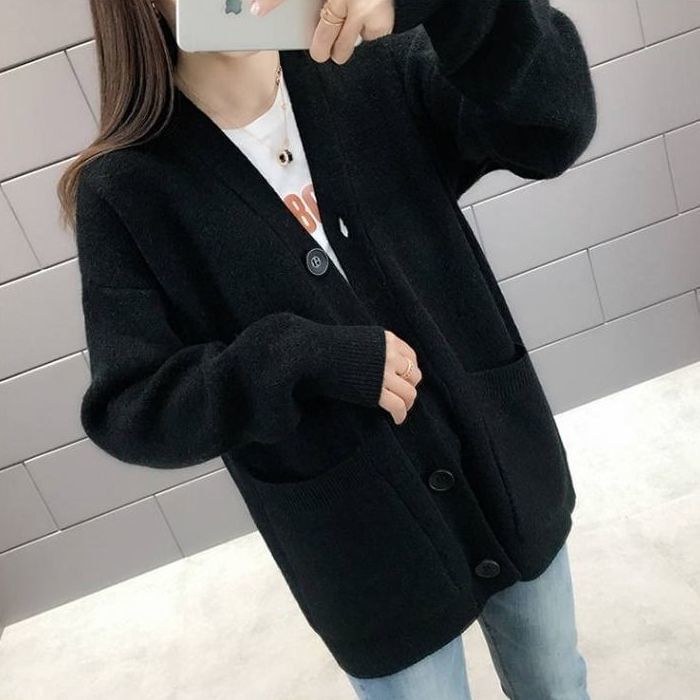 V-Neck Solid Pocket Knit Cardigan