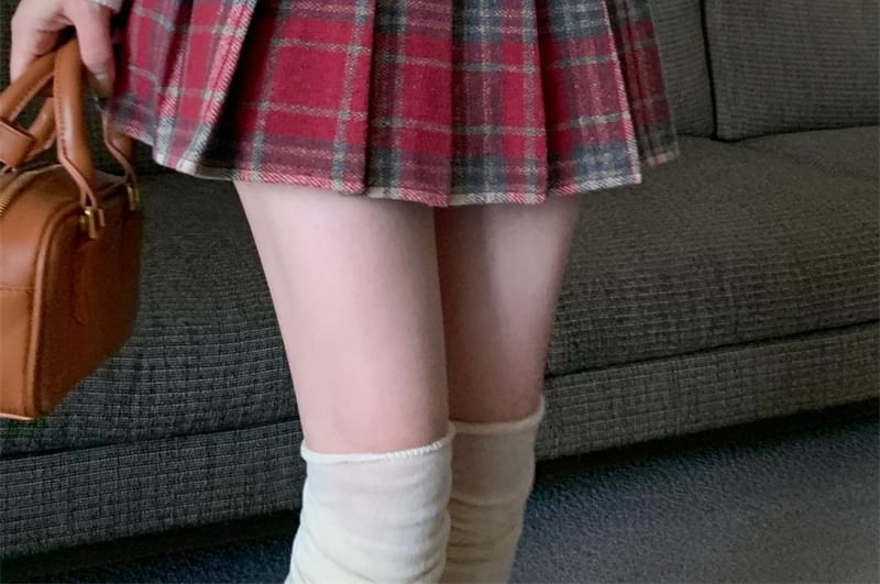 Plaid Pleated Mini Skirt - High Rise Style