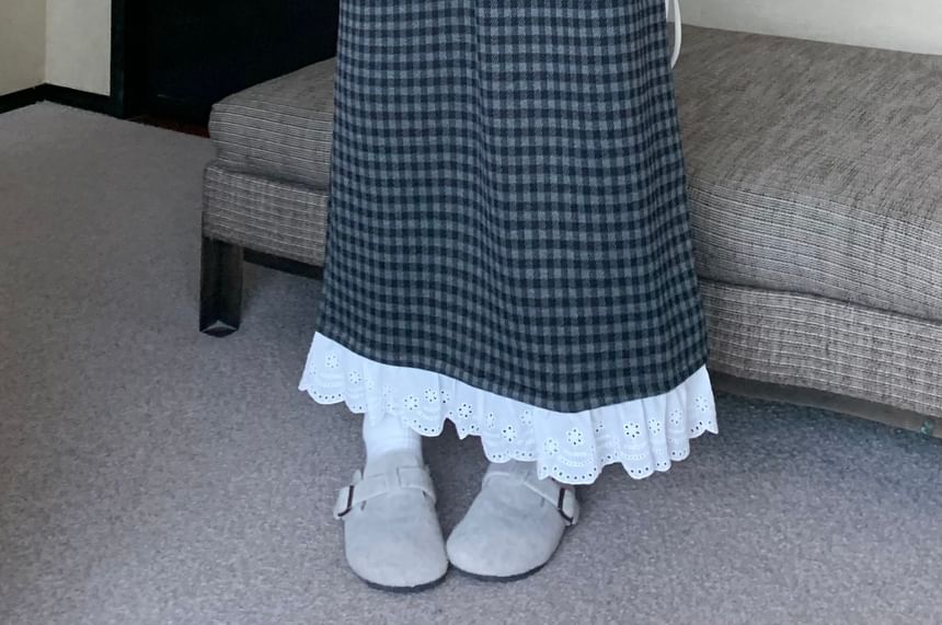 Lace Trim Maxi Skirt - High Rise A-Line Design