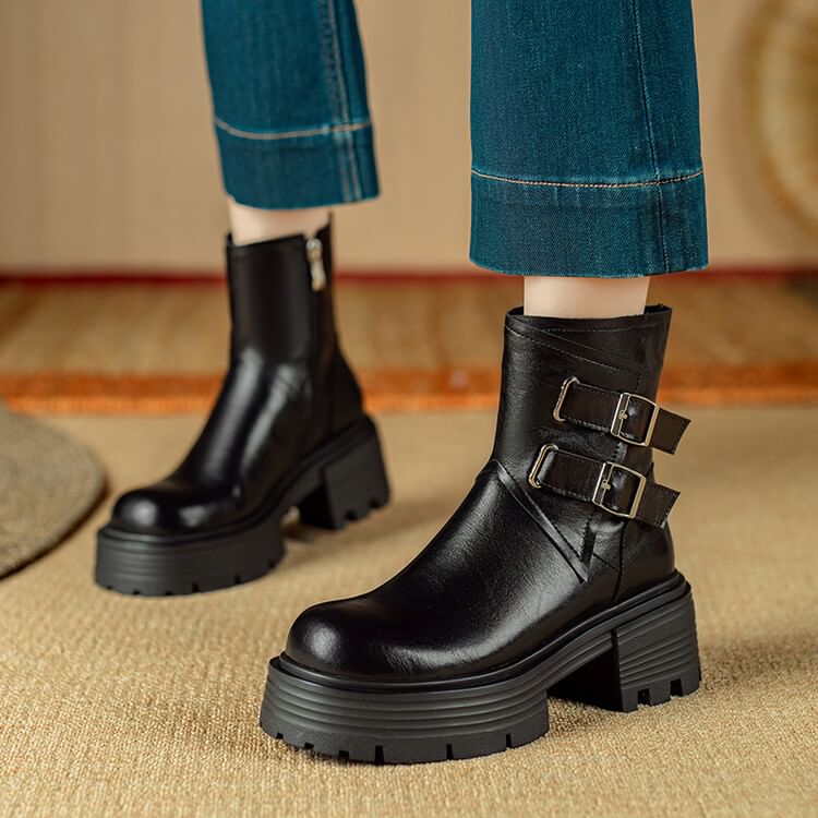 Platform Plain Buckled Zip-Up Genuine Leather Short Boots