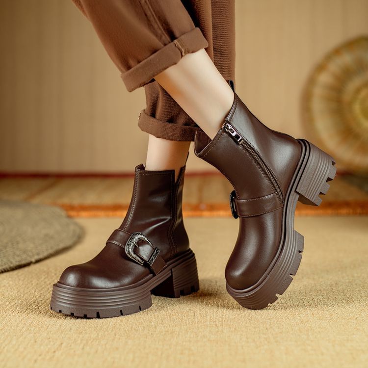 Platform Plain Buckled Genuine Leather Short Boots