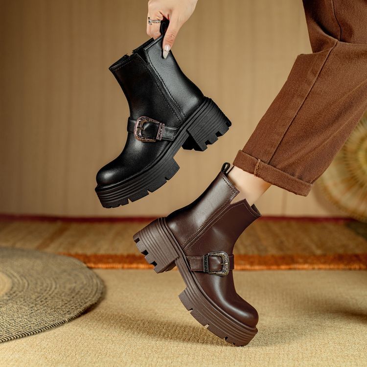 Platform Plain Buckled Genuine Leather Short Boots