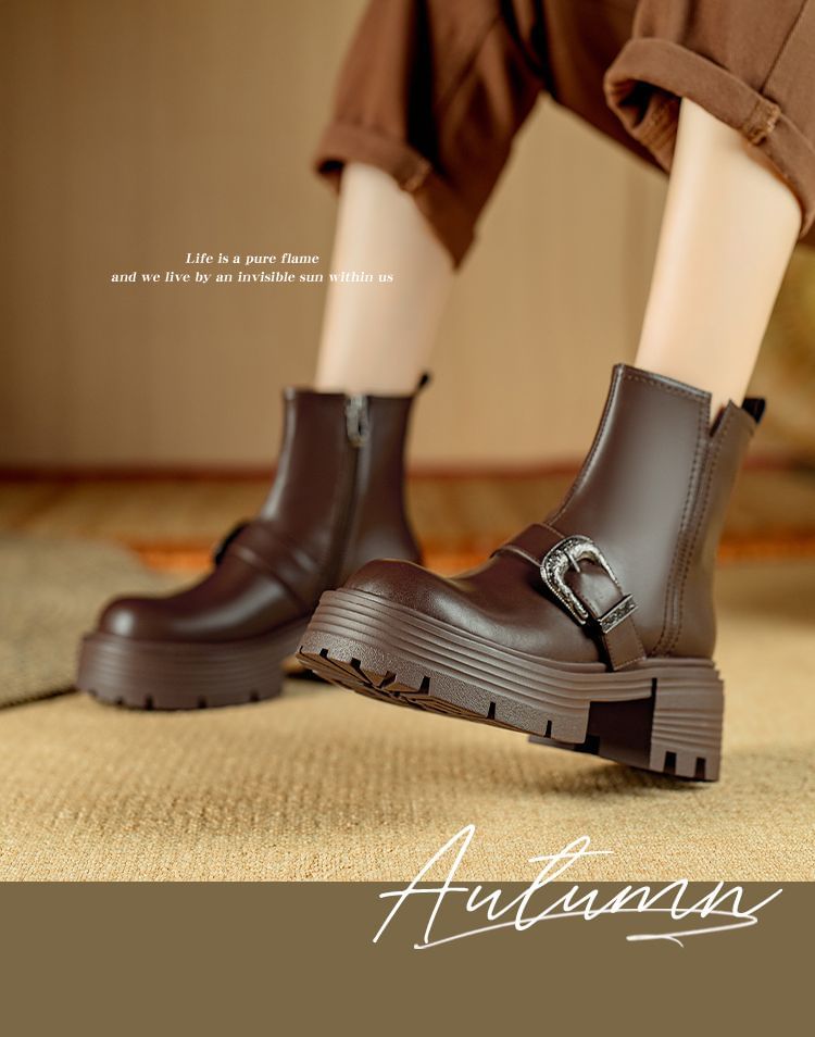 Platform Plain Buckled Genuine Leather Short Boots