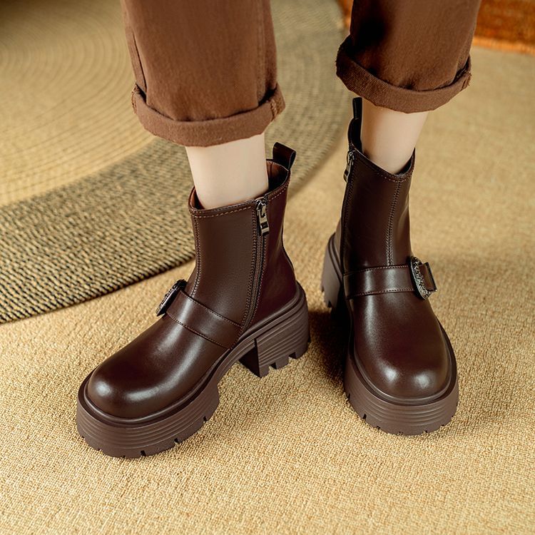 Platform Plain Buckled Genuine Leather Short Boots