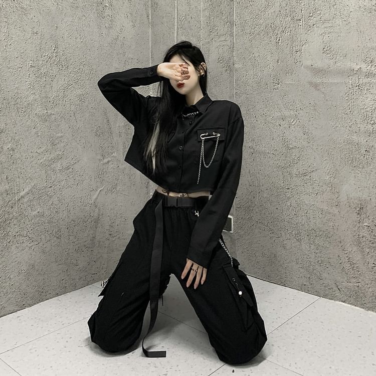 Long-Sleeve Plain Drawstring Hem Crop Shirt / Elastic Waist Loose Fit Cargo Pants
