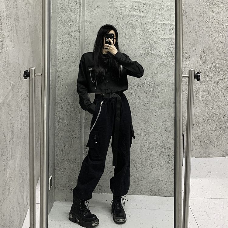 Long-Sleeve Plain Drawstring Hem Crop Shirt / Elastic Waist Loose Fit Cargo Pants