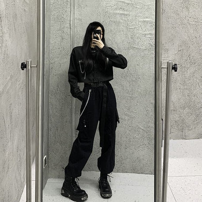 Long-Sleeve Plain Drawstring Hem Crop Shirt / Elastic Waist Loose Fit Cargo Pants