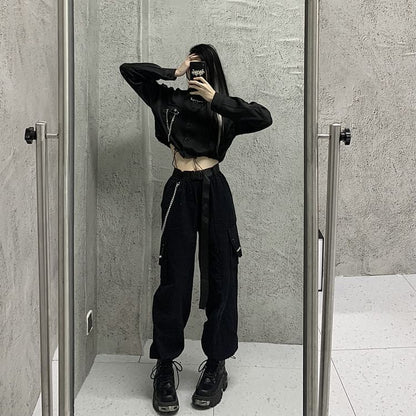 Long-Sleeve Plain Drawstring Hem Crop Shirt / Elastic Waist Loose Fit Cargo Pants
