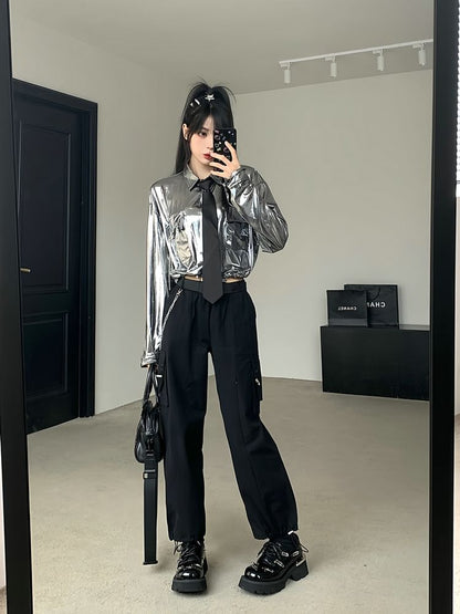 Long-Sleeve Plain Drawstring Hem Crop Shirt / Elastic Waist Loose Fit Cargo Pants