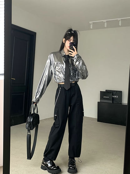 Long-Sleeve Plain Drawstring Hem Crop Shirt / Elastic Waist Loose Fit Cargo Pants