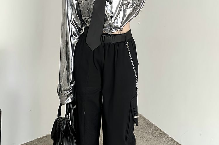 Long-Sleeve Plain Drawstring Hem Crop Shirt / Elastic Waist Loose Fit Cargo Pants